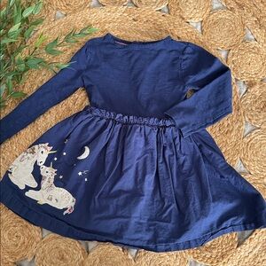 Mini Boden Girls Jersey Unicorn Applique Dress in Navy. Size 3-4